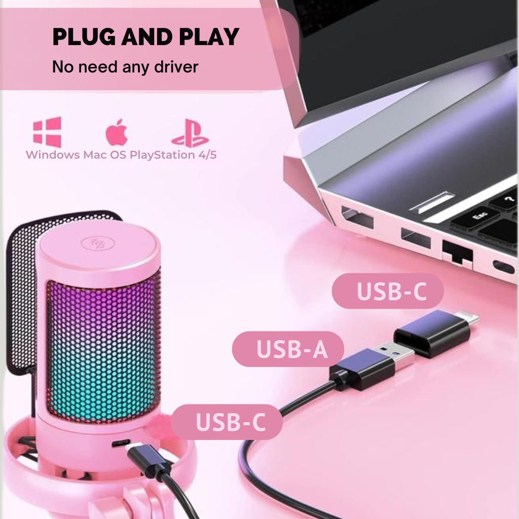 Gaming Microphone, RGB Condenser Mic with Touch Mute & Gain Knob